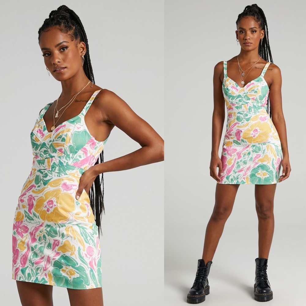 Showpo Argel Dress Electric Floral Pastel Denim Jeans Bodycon Sheath Biker 10